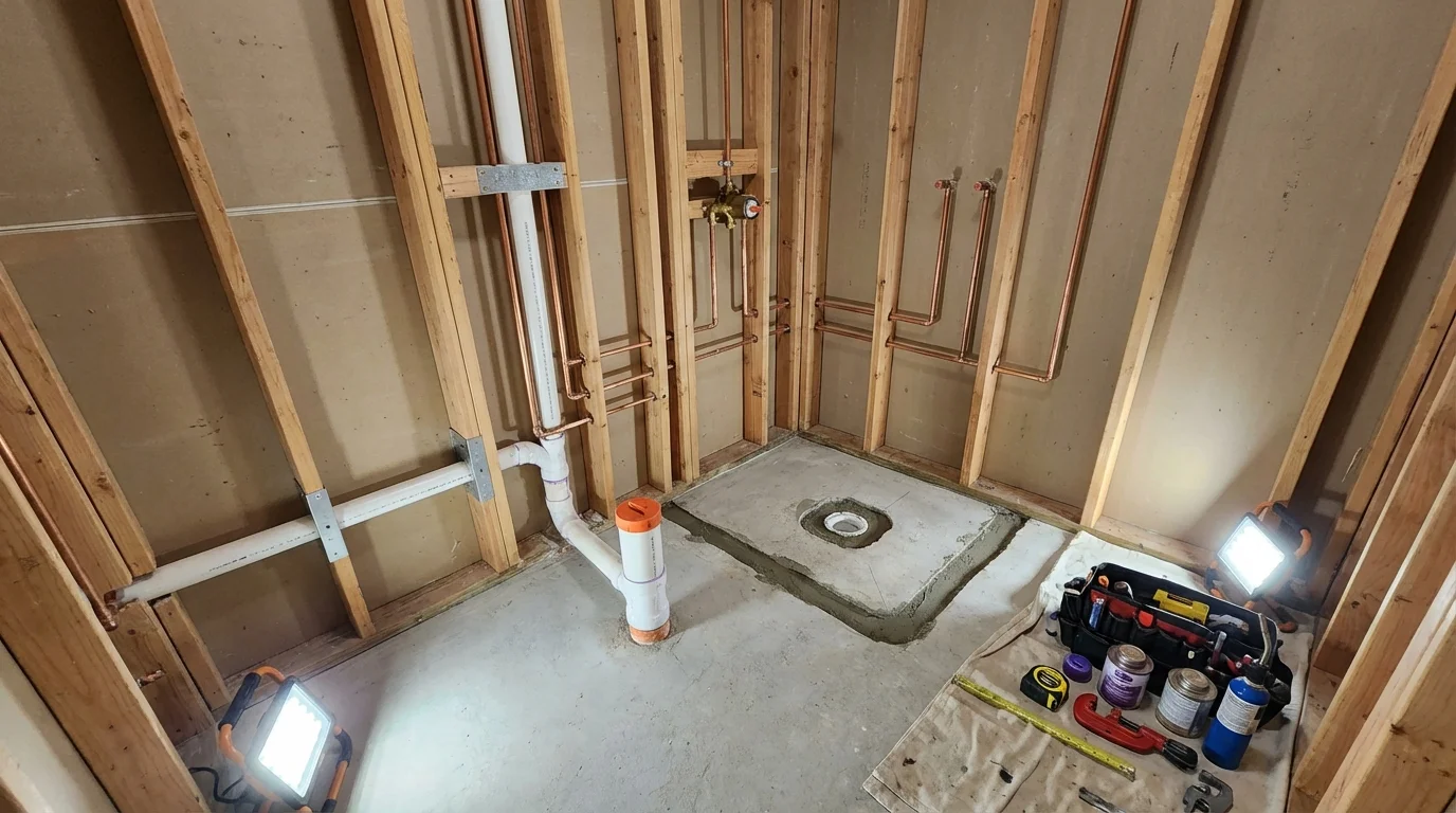 Bathroom rough-in plumbing during remodel by Johns Plumbing LLC in North Hills