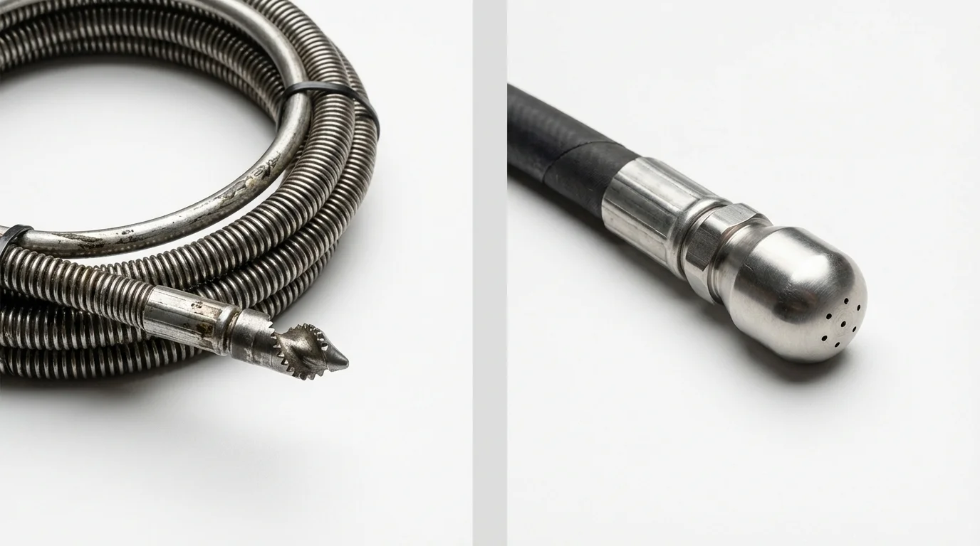 Drain snake cable and hydro jetting nozzle used for drain cleaning in North Hills, CA