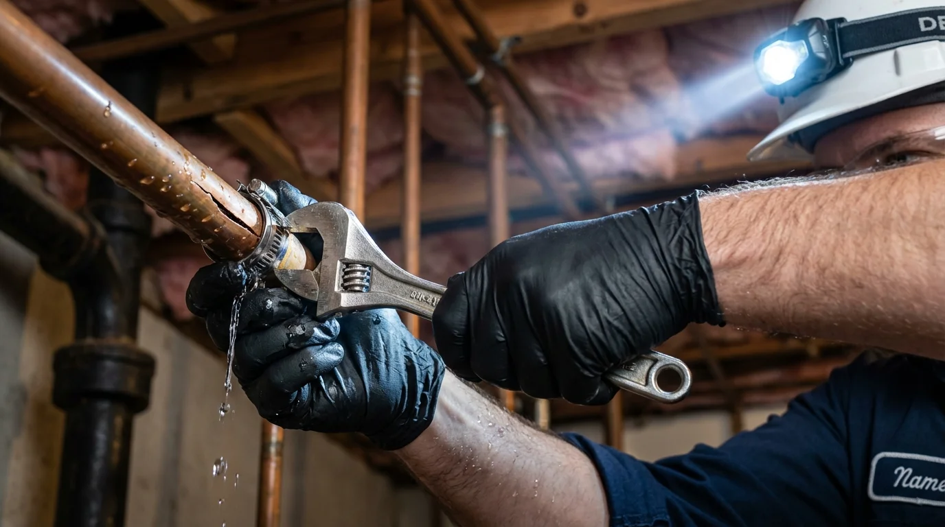 Emergency pipe clamp repair being performed by a Johns Plumbing LLC plumber in North Hills