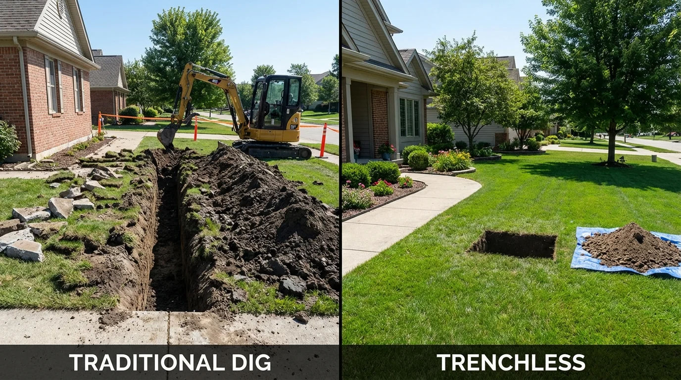 Trenchless sewer repair with minimal yard damage versus traditional excavation in North Hills, CA