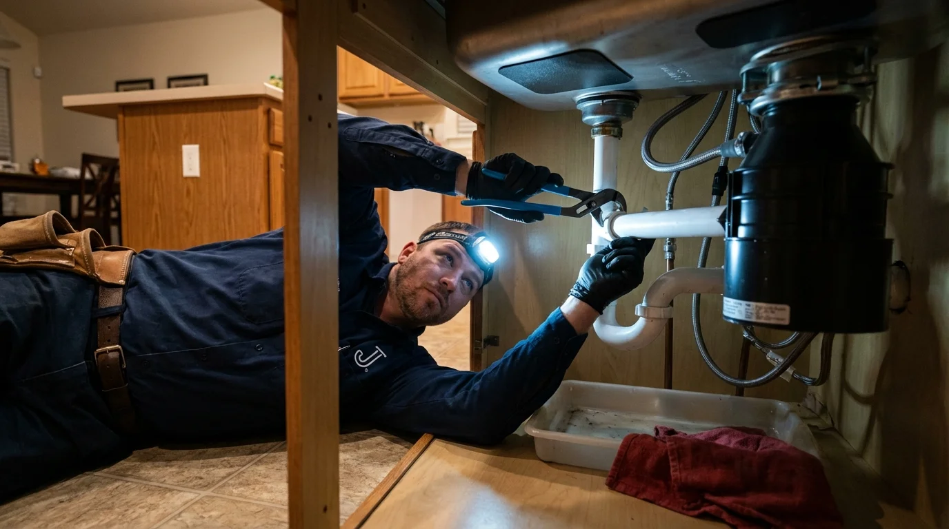P-trap and supply line connections under a kitchen sink showing a common leak point in North Hills, CA